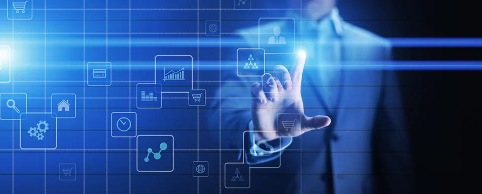 Application icons on virtual screen. Technology and business concept. 스톡 사진