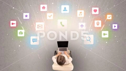 Application icons with woman using tablet Stock Photos