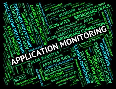 Application Monitoring Represents Program Monitors And Words 库存插图