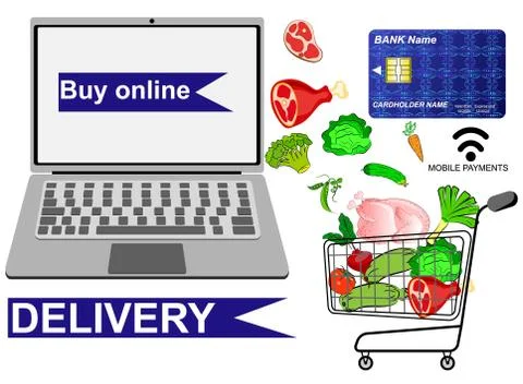 Application for ordering goods online. Mobile payment of products, meat, vege Stock Illustration