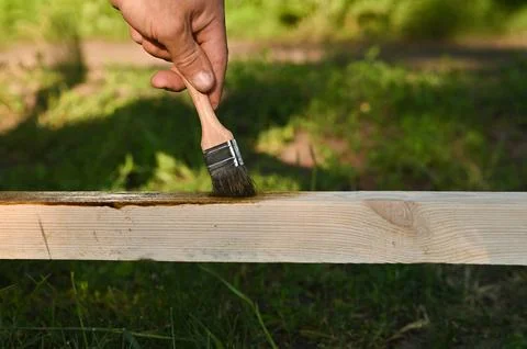 Application of paint and varnish coating on wood. outdoors Stock Photos