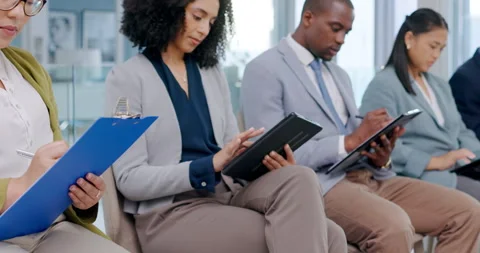 Application paperwork, job interview and people in waiting room with online Stock Footage 245254981