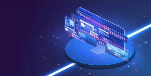 Application of PC with business graph and analytics data on isometric computer Stock Illustration