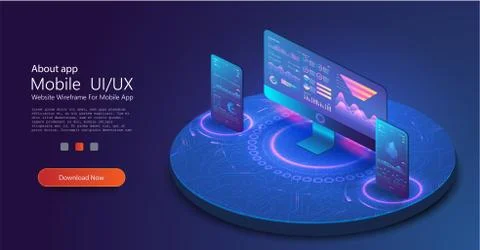 Application of PC, phone with business graph and analytics data on isometric  Stock Illustration