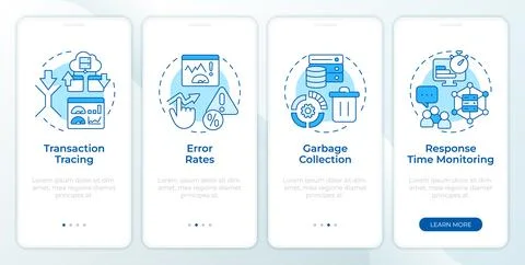 Application performance metrics blue onboarding mobile app screen Stock Illustration