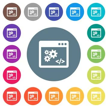 Application programming interface flat white icons on round color backgrounds Stock Illustration
