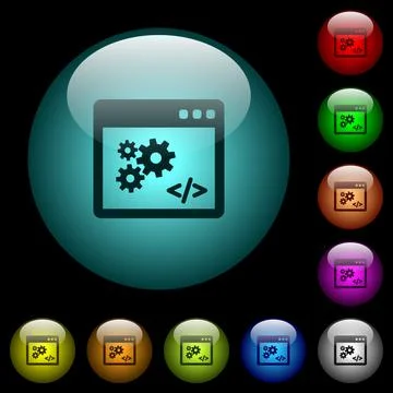 Application programming interface icons in color illuminated glass buttons Illustrazione stock