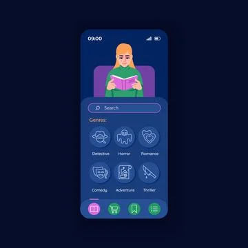 Application for reading night smartphone interface vector template Illustrazione stock