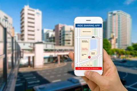 Application of Ride Sharing Concept Calling Car or Vehicle from Smartphone Stock Photos
