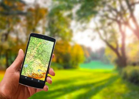 Application of satellite navigation on your phone to find a route concept Stock Photos