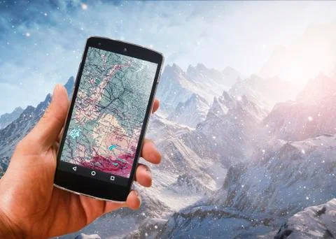 Application of satellite navigation on your phone to find a route concept Stock Photos