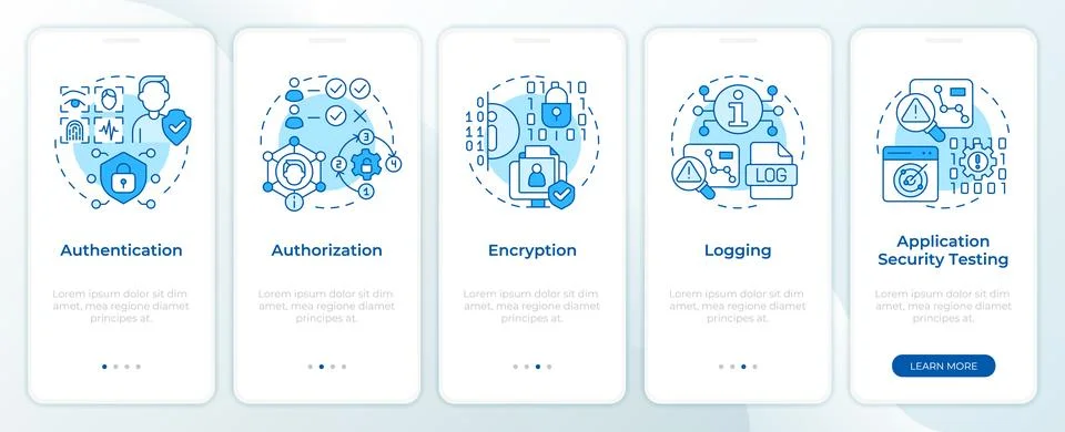 Application security protocols blue onboarding mobile app screen Stock Illustration