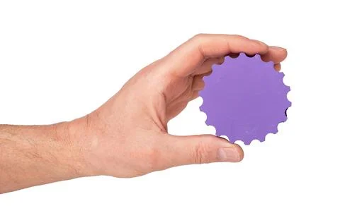 Application settings. Man holding gear isolated on white background. Hand with Stock Photos