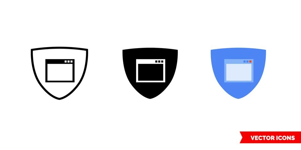 Application shield icon of 3 types color, black and white, outline. Isolated  Stock Illustration