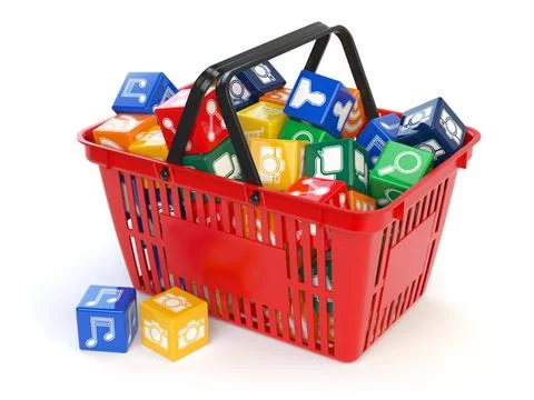 Application software icons boxes in the shopping basket isolated on white ... Stock Photos