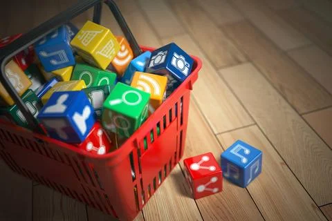 Application software icons boxes in the shopping basket. Store of apps con... Foto stock