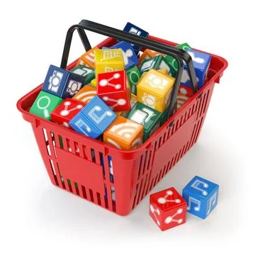 Application software icons boxes in the shopping basket isolated on white ... 스톡 사진