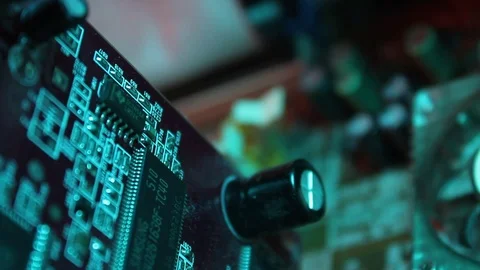 Application Specific Integrated Circuits, chip capacitors, electrolytic capacit Stock Footage 70355442