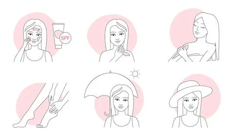 Application of sunscreen, skincare instructions thin line icons set, girls apply Stock Illustration