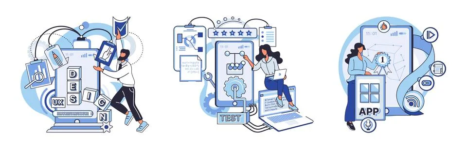 Application testing metaphor. Vector. App test, trial period before app Illustrazione stock