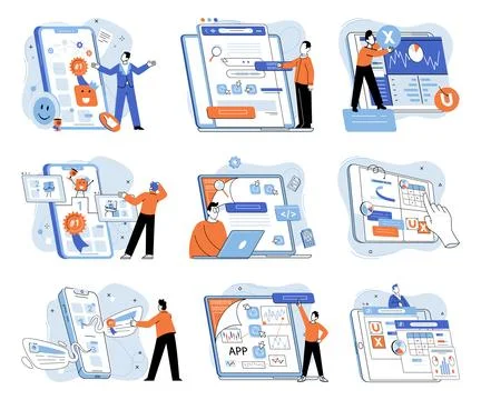 Application testing metaphor. Vector. App test, proving ground where apps Illustrazione stock