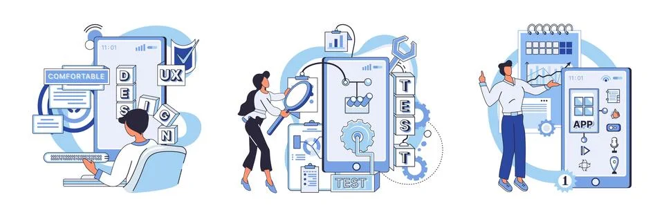 Application testing metaphor. Vector. App test, rehearsal stage before actual 库存插图