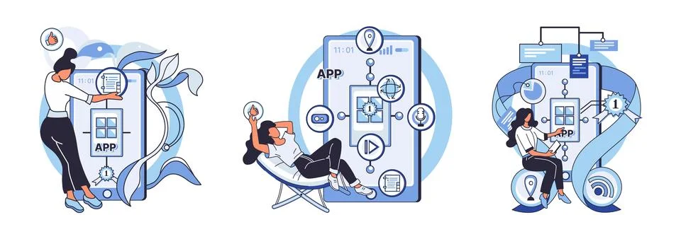 Application testing metaphor. Vector. App test, demo run that prepares app for 스톡 일러스트