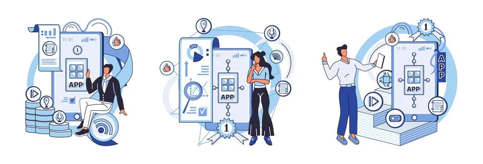 Application testing metaphor. Vector. App test, boot camp training for app イラスト素材