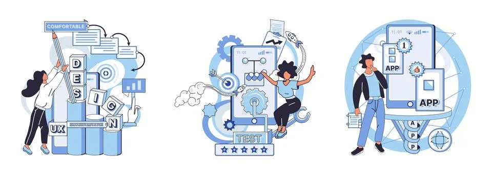 Application testing metaphor. Vector. App test, litmus paper of apps performance Stockillustratie