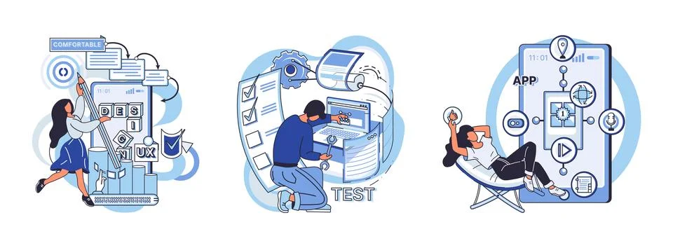 Application testing metaphor. Vector. App test, obstacle course testing agility Illustrazione stock