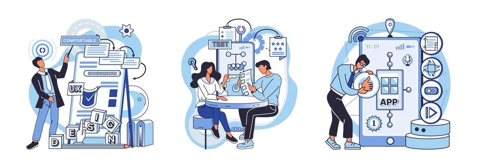 Application testing metaphor. Vector. App test, necessary drill to ensure smooth 스톡 일러스트