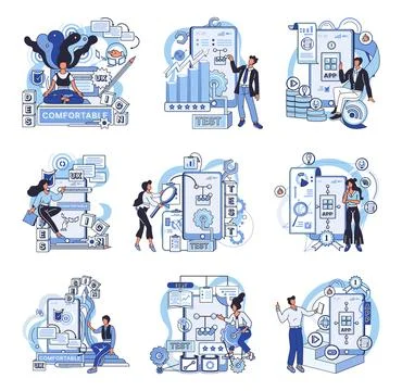 Application testing metaphor. Vector. App test, rehearsal stage before actual Stock Illustration