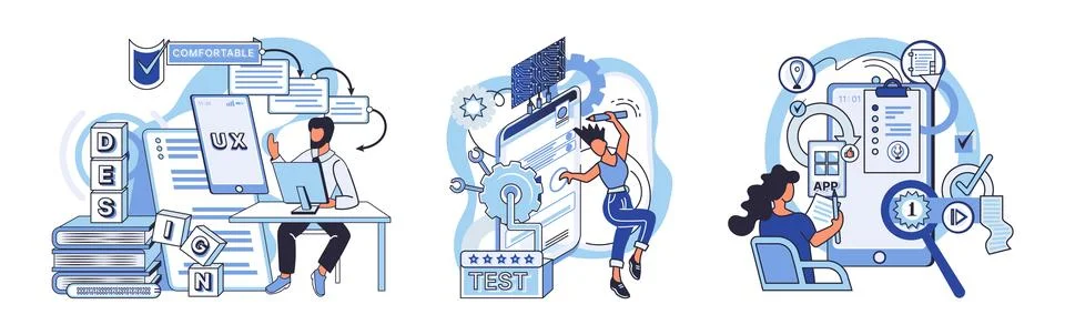 Application testing metaphor. Vector. App test, obstacle course testing agility Stock Illustration