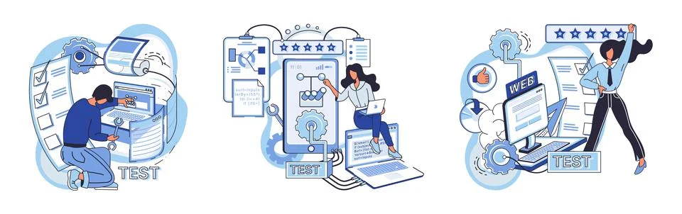 Application testing metaphor. Vector. App test, test drive before app is out for 스톡 일러스트