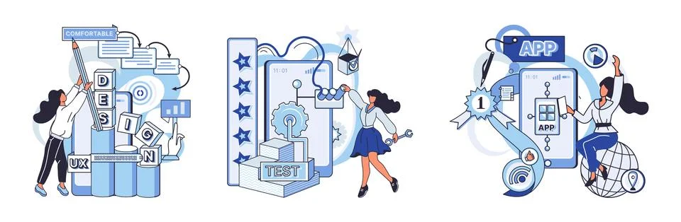 Application testing metaphor. Vector. App test, challenge course for testing Illustrazione stock