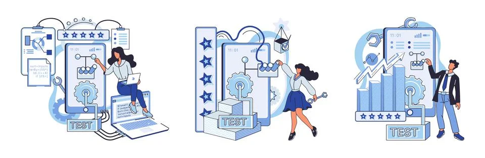 Application testing metaphor. Vector. App test, proving ground where apps 库存插图