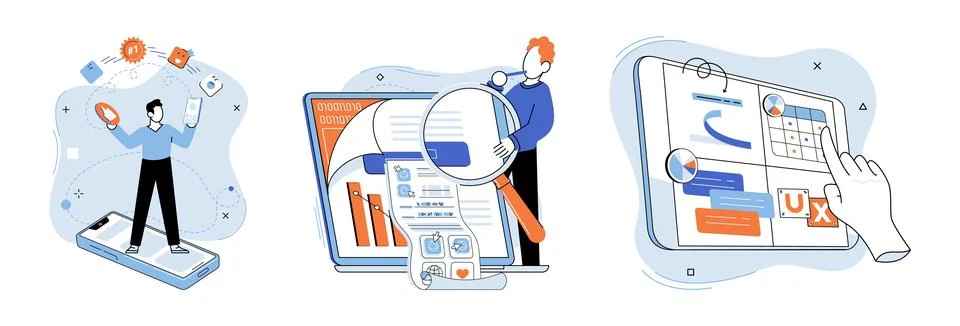 Application testing metaphor. Vector. App test, mock drill that prepares app for イラスト素材