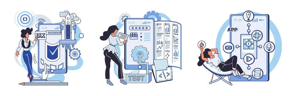 Application testing metaphor. Vector. Application testing, last pit stop before Stockillustratie