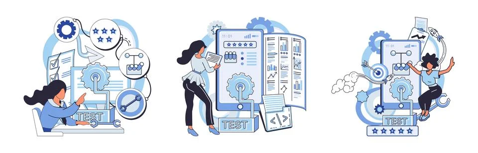 Application testing metaphor. Vector. Application testing, qualifying race 스톡 일러스트