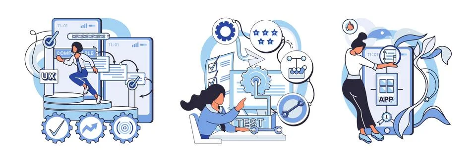 Application testing metaphor. Vector. Application testing, meticulous process to Stock Illustration