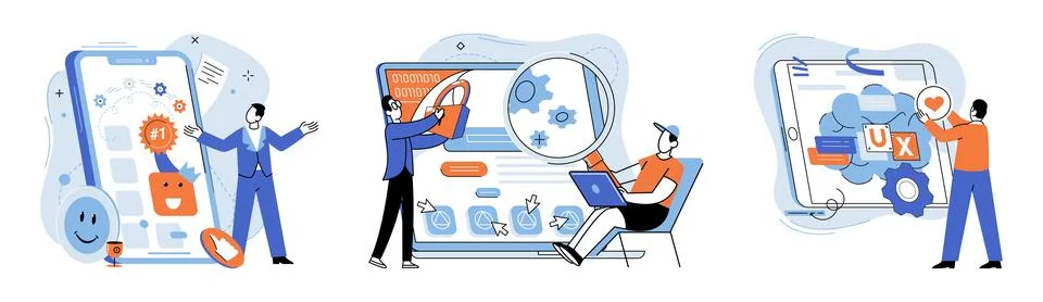 Application testing metaphor. Vector. Application testing, checkpoint for 스톡 일러스트