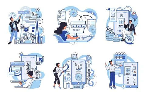 Application testing metaphor. Vector. Application testing, refining process that Illustrazione stock