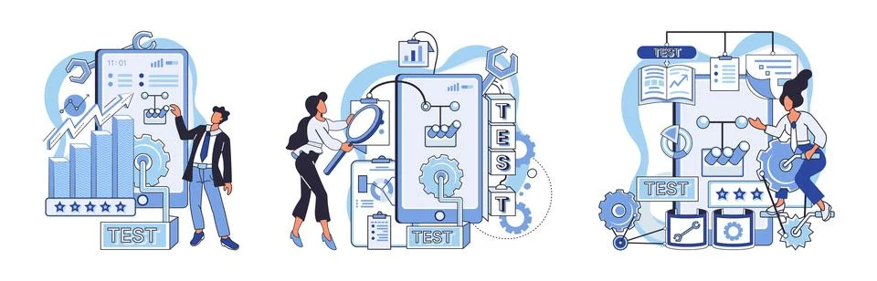 Application testing metaphor. Vector. Application testing, scale to measure 스톡 일러스트