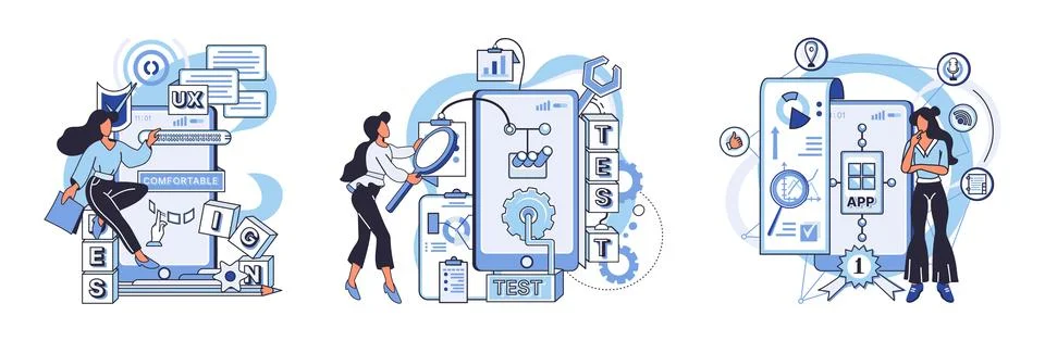 Application testing metaphor. Vector. Application testing, refining process that Stock Illustration