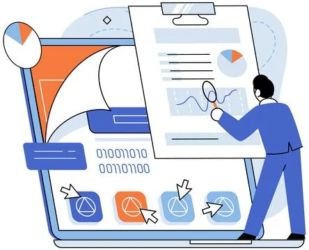 Application testing metaphor. Vector. Application testing, scale to measure Stock Illustration
