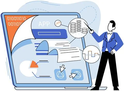 Application testing metaphor. Vector. Application testing, meticulous process to 스톡 일러스트