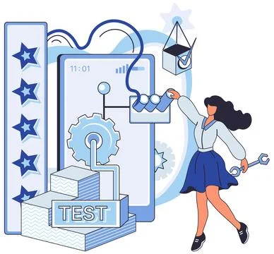 Application testing metaphor. Vector. Application testing, quality assurance Stock Illustration