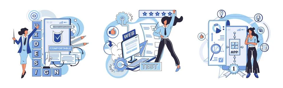 Application testing metaphor. Vector. Application testing, essential ritual Illustrazione stock