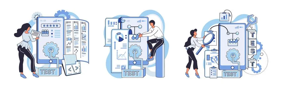 Application testing metaphor. Vector. Software testing, sweep that keeps Stock Illustration