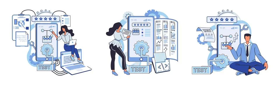 Application testing metaphor. Vector. Software testing, guardiangel of code that Stock Illustration